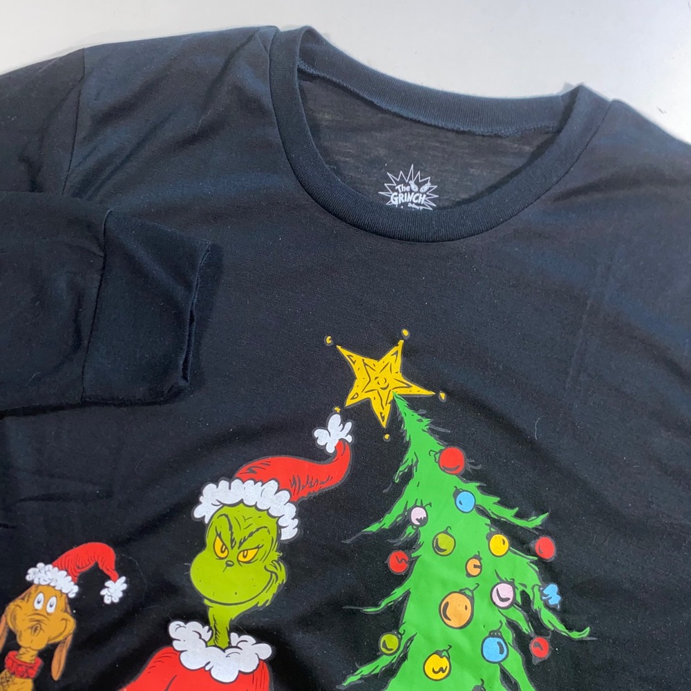 Dr Seuss The Grinch Mens Large Black Long Sleeve Graphic‎ Christmas Tee B206